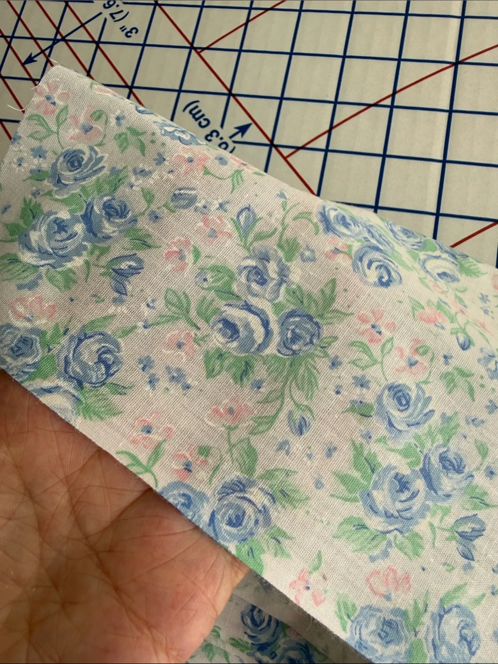 Vintage 1980s Blue Rose Floral Cotton Fabric 1 Yard x 42 Pink Cottage Floral